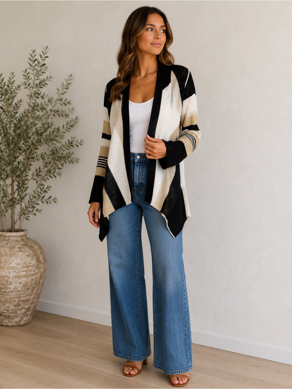 Splendid Black and Cream Striped Open-Front Cardigan